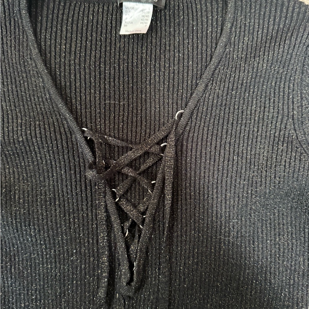 VENUS Black Ribbed Lace-up Long Sleeve Shimmer Knit Midi Dress size S - Picture 6 of 6